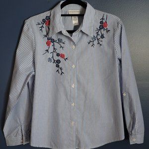 Alfred Dunner Striped Button-down Shirt with Floral Embroidery